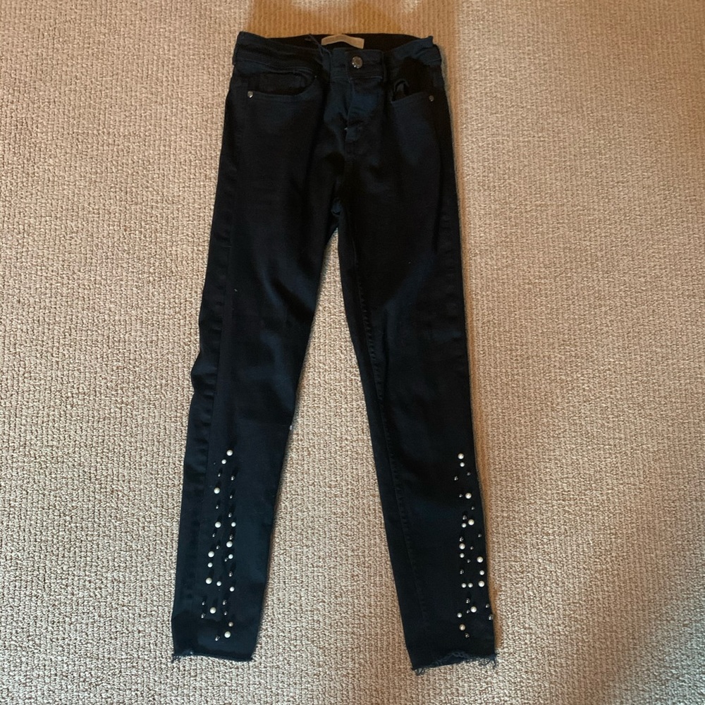 Zara black mid rise jeans with pearl detailing